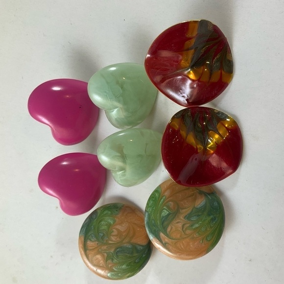 Vintage Jewelry - Vintage Pierced Earrings Bundle Pink Green Burgundy Large Button Hearts 4 Pairs